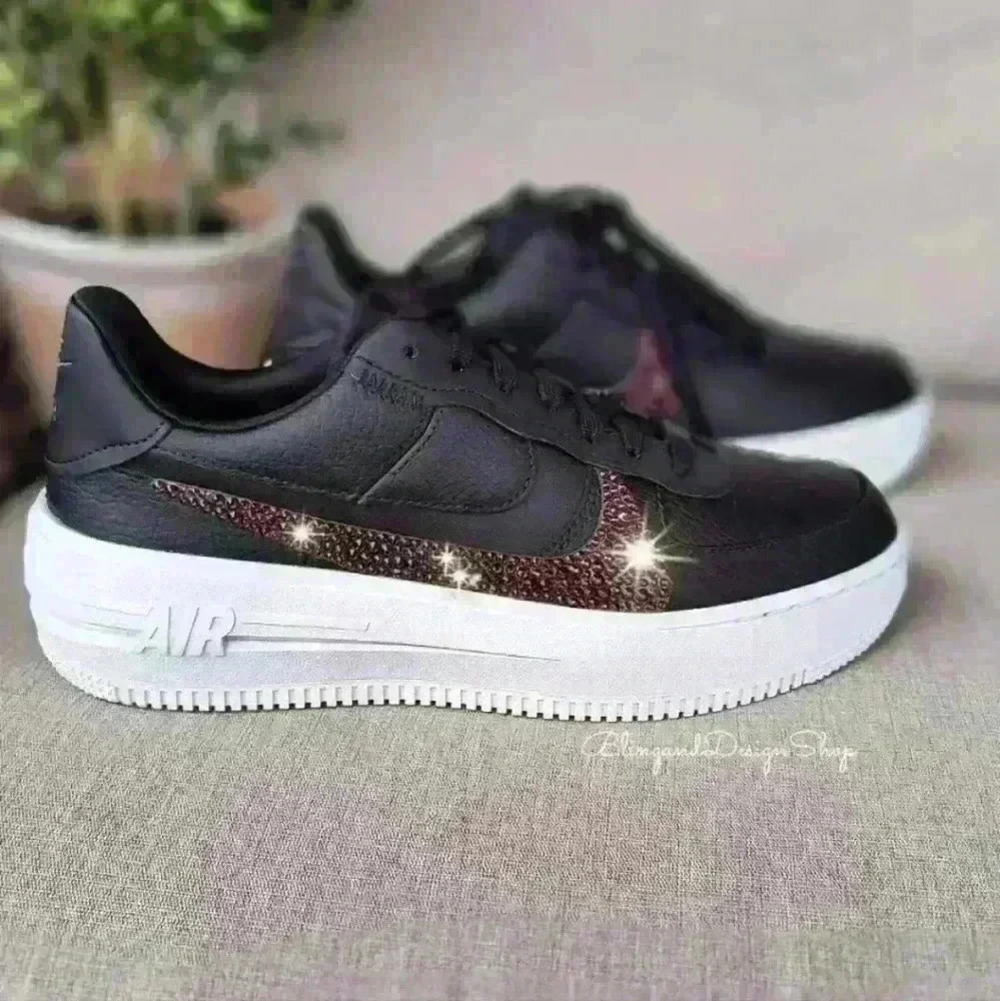 Womens Bling Nike Air Force 1 PLT.AF.ORM Black White Shoes Custom with Crystals - Picture 10 of 10